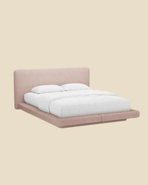 Lit Micadoni Linea en bouclé rose, tête de lit plate, base basse