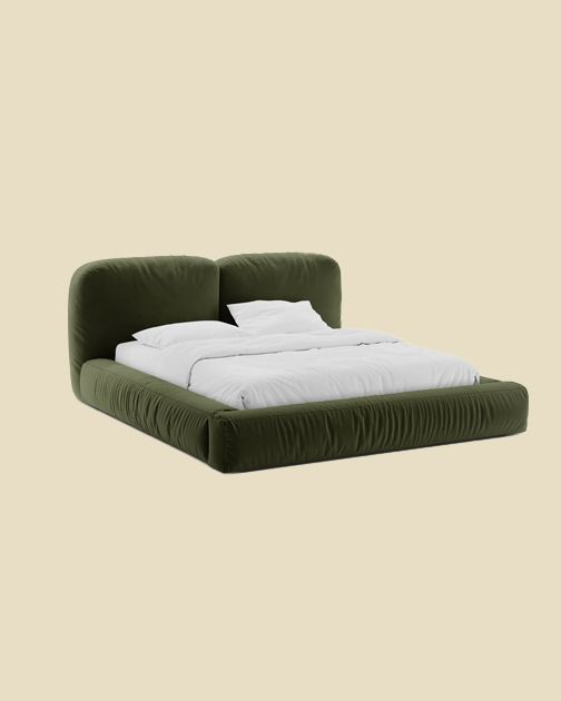 Lit Micadoni Martina en velours olive, tête de lit arrondie
