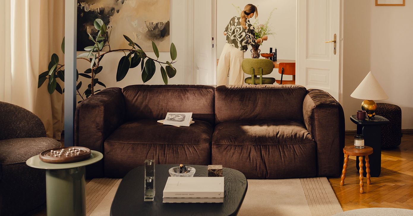 Micadoni Martina 3-seater sofa in espresso velvet, styled living room