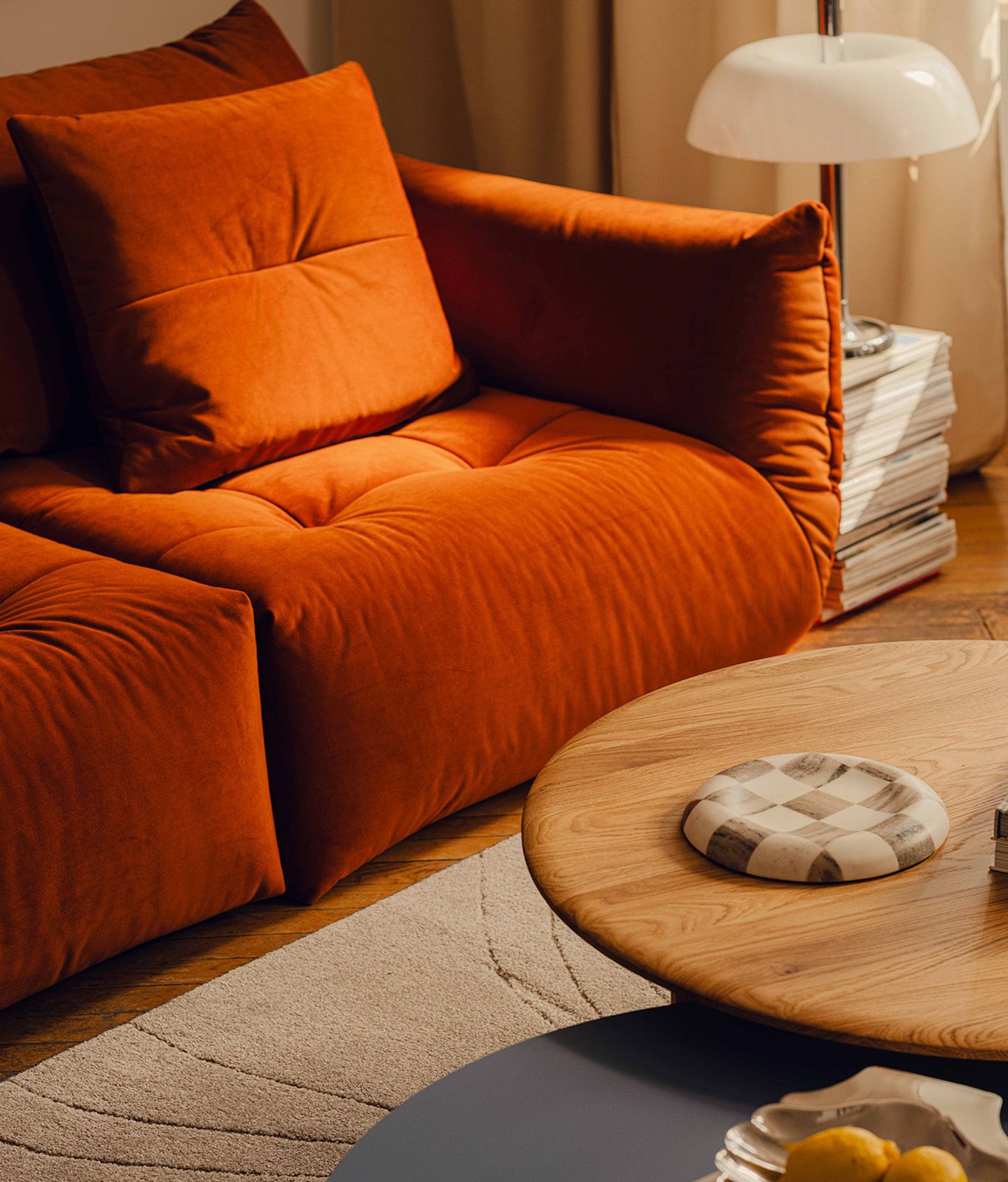 Micadoni Bloom 2-seater sofa in rust velvet, tufted cushions, plush detail