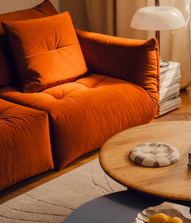Micadoni Bloom 2-seater sofa in rust velvet, tufted cushions, plush detail