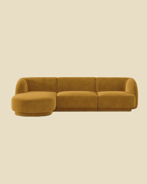 Canapé d'angle Micadoni Miley en velours moutarde, design chaise arrondi