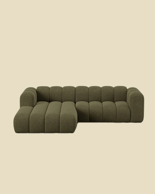 Canapé d'angle Micadoni Lupine en bouclé olive, design cannelé