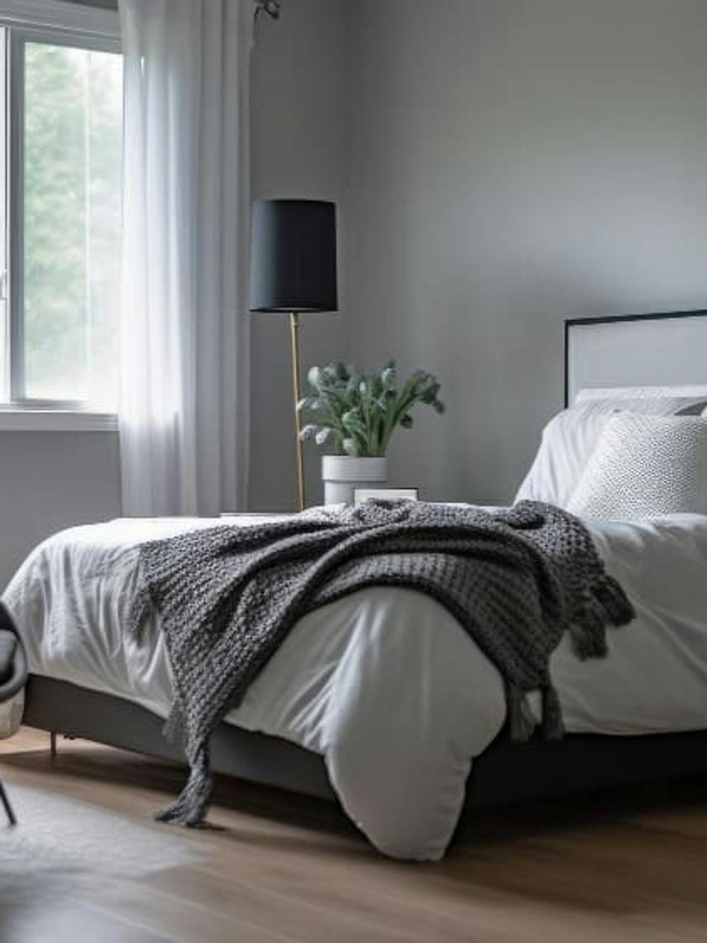 Komfortowa sypialnia z wygodnym łóżkiem i fotelem