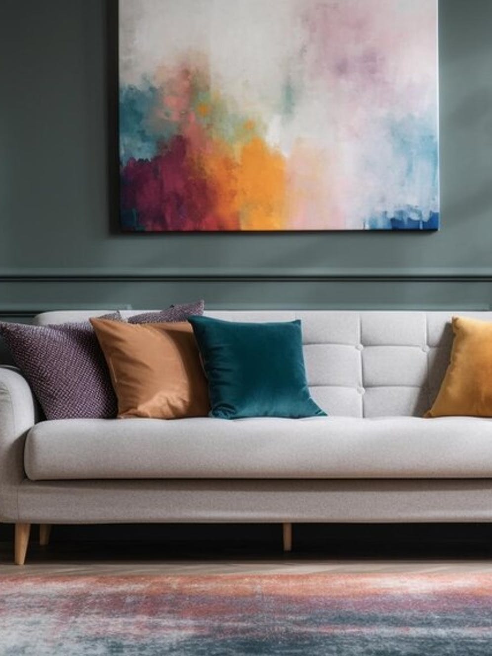 white-couch-with-colorful-pillows-with-a-painting-on-the-background