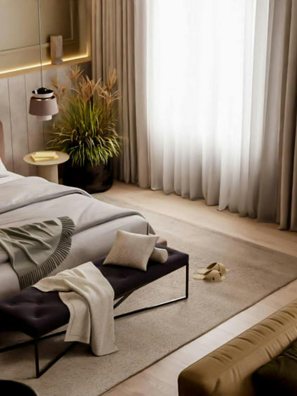 Sypialnia z dużym łóżkiem z nowoczesnym wystrojem ładne duże jasne wnętrze