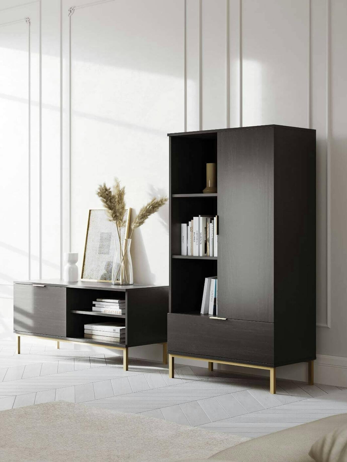 black-bookshelf-and-console-in-a-modern-living-room
